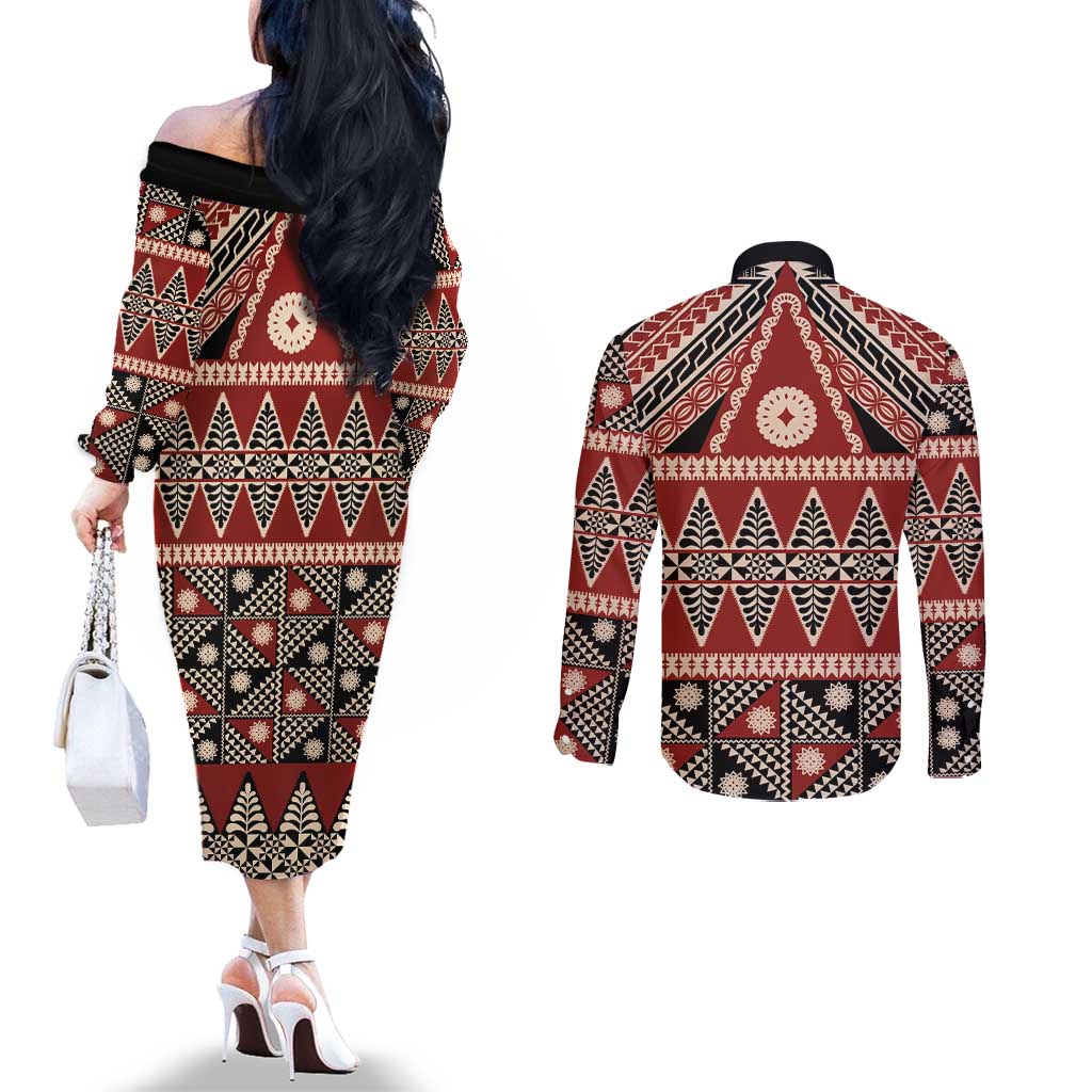 Vintage Bula Fiji Couples Matching Off The Shoulder Long Sleeve Dress and Long Sleeve Button Shirt Red Tapa Masi Motif LT9 - Polynesian Pride
