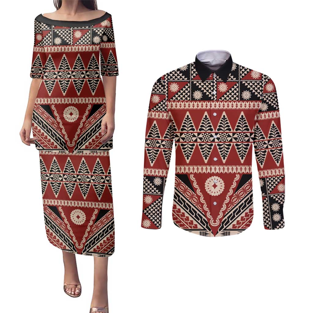 Vintage Bula Fiji Couples Matching Puletasi and Long Sleeve Button Shirt Red Tapa Masi Motif LT9 Red - Polynesian Pride