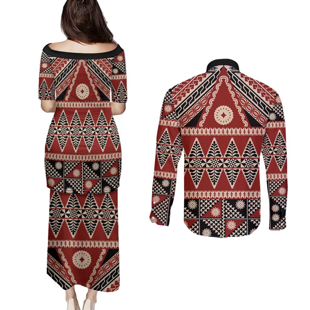 Vintage Bula Fiji Couples Matching Puletasi and Long Sleeve Button Shirt Red Tapa Masi Motif LT9 - Polynesian Pride