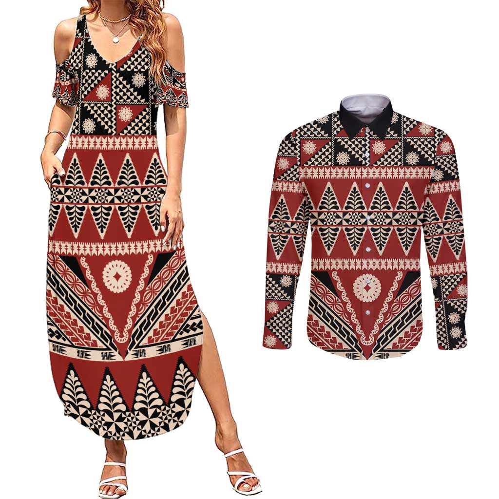 Vintage Bula Fiji Couples Matching Summer Maxi Dress and Long Sleeve Button Shirt Red Tapa Masi Motif