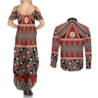 Vintage Bula Fiji Couples Matching Summer Maxi Dress and Long Sleeve Button Shirt Red Tapa Masi Motif LT9 - Polynesian Pride