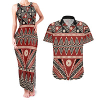 Vintage Bula Fiji Couples Matching Tank Maxi Dress and Hawaiian Shirt Red Tapa Masi Motif LT9 Red - Polynesian Pride