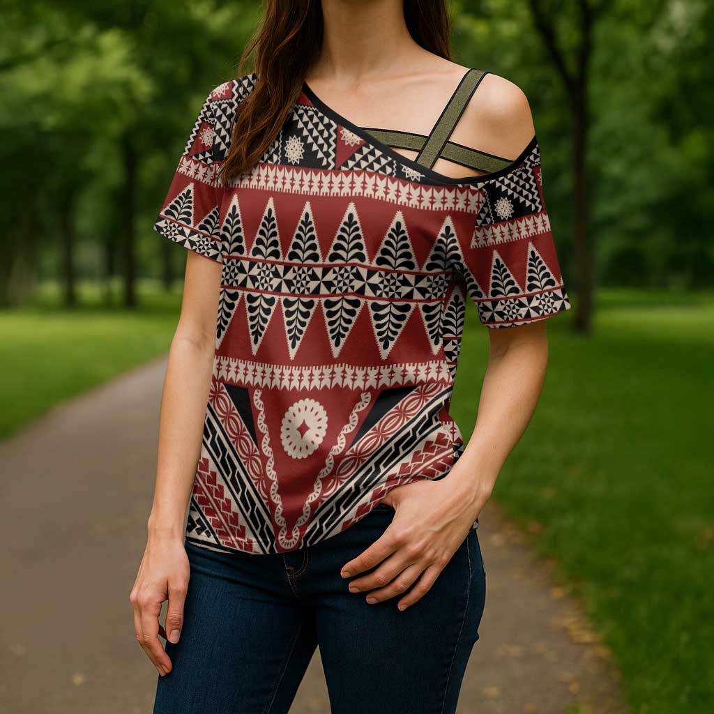 Vintage Bula Fiji Cross Shoulder Shirt Red Tapa Masi Motif - Polynesian Pride