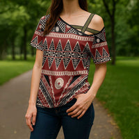 Vintage Bula Fiji Cross Shoulder Shirt Red Tapa Masi Motif - Polynesian Pride