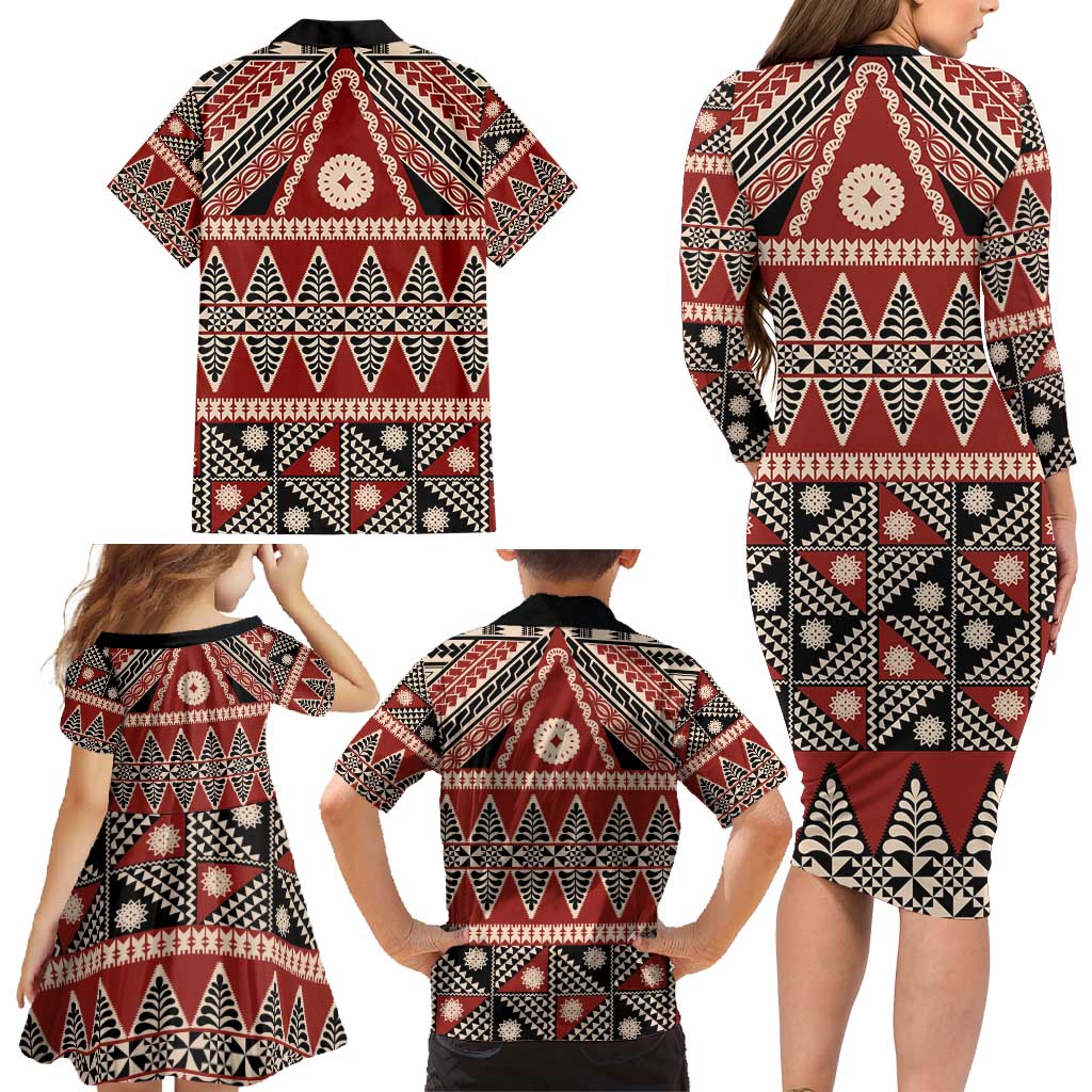 Vintage Bula Fiji Family Matching Long Sleeve Bodycon Dress and Hawaiian Shirt Red Tapa Masi Motif LT9 - Polynesian Pride