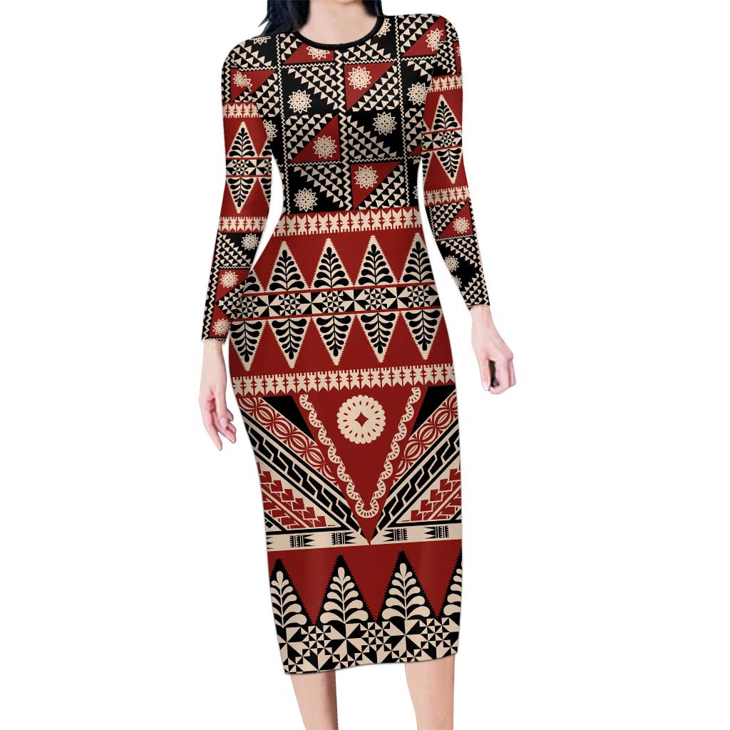 Vintage Bula Fiji Family Matching Long Sleeve Bodycon Dress and Hawaiian Shirt Red Tapa Masi Motif LT9 Mom's Dress Red - Polynesian Pride