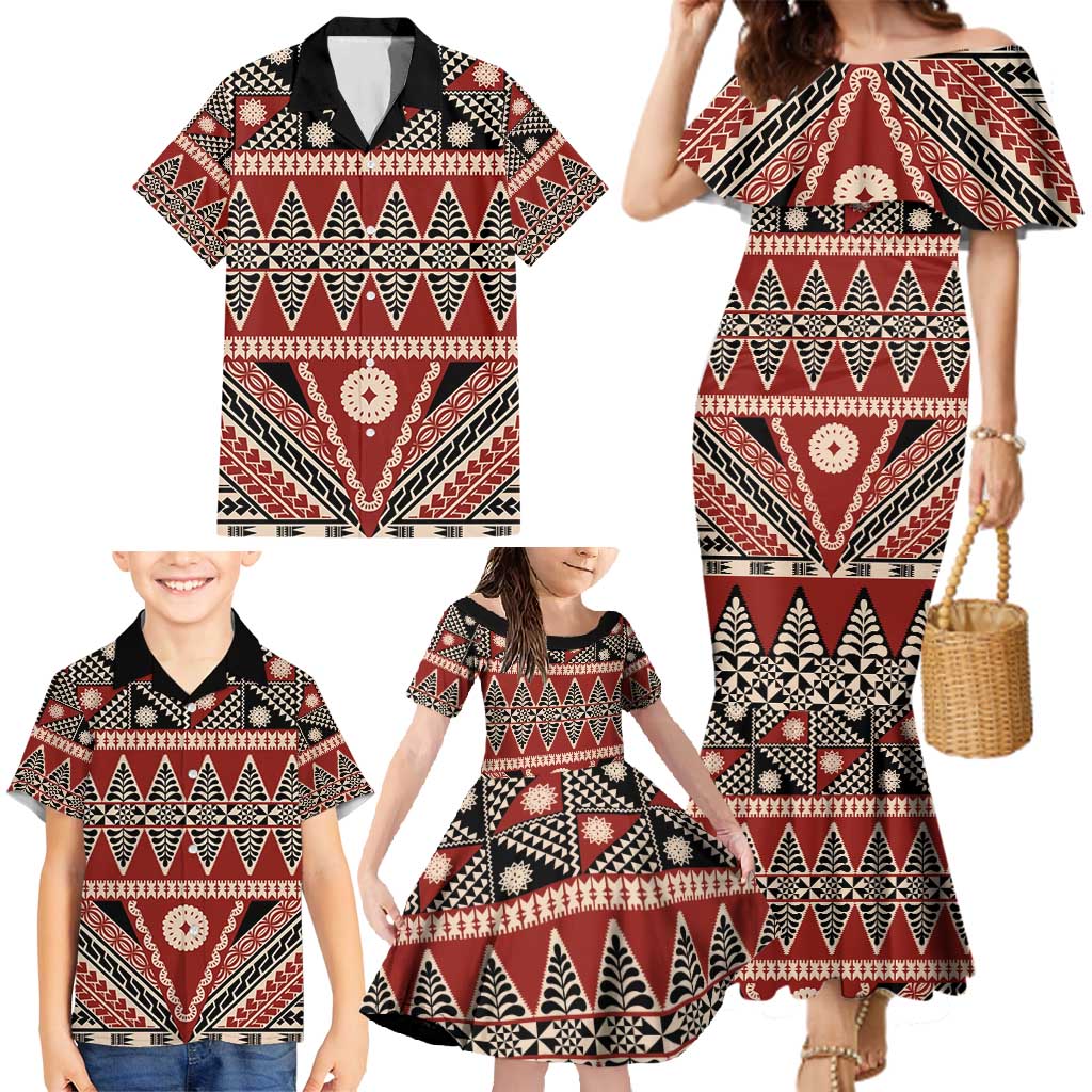 Vintage Bula Fiji Family Matching Mermaid Dress and Hawaiian Shirt Red Tapa Masi Motif LT9 - Polynesian Pride