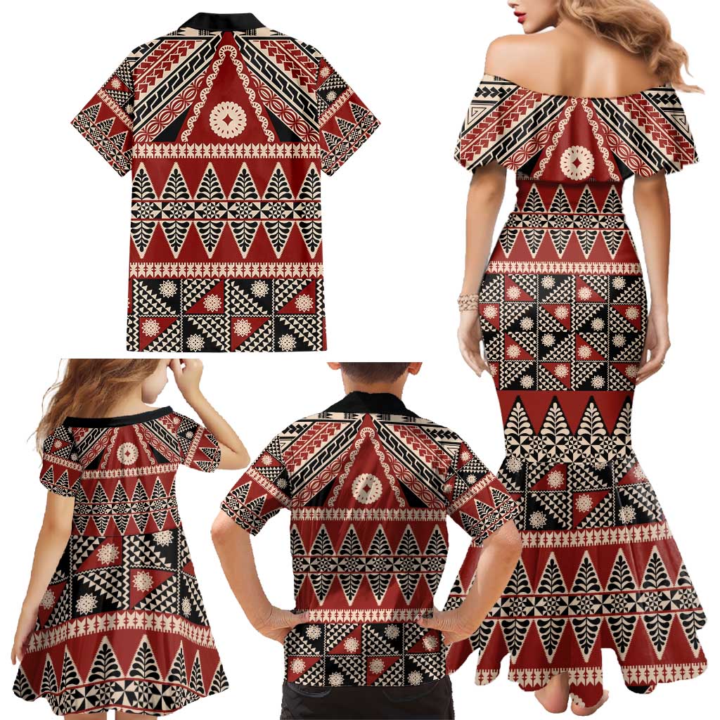 Vintage Bula Fiji Family Matching Mermaid Dress and Hawaiian Shirt Red Tapa Masi Motif LT9 - Polynesian Pride