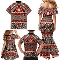 Vintage Bula Fiji Family Matching Mermaid Dress and Hawaiian Shirt Red Tapa Masi Motif LT9 - Polynesian Pride