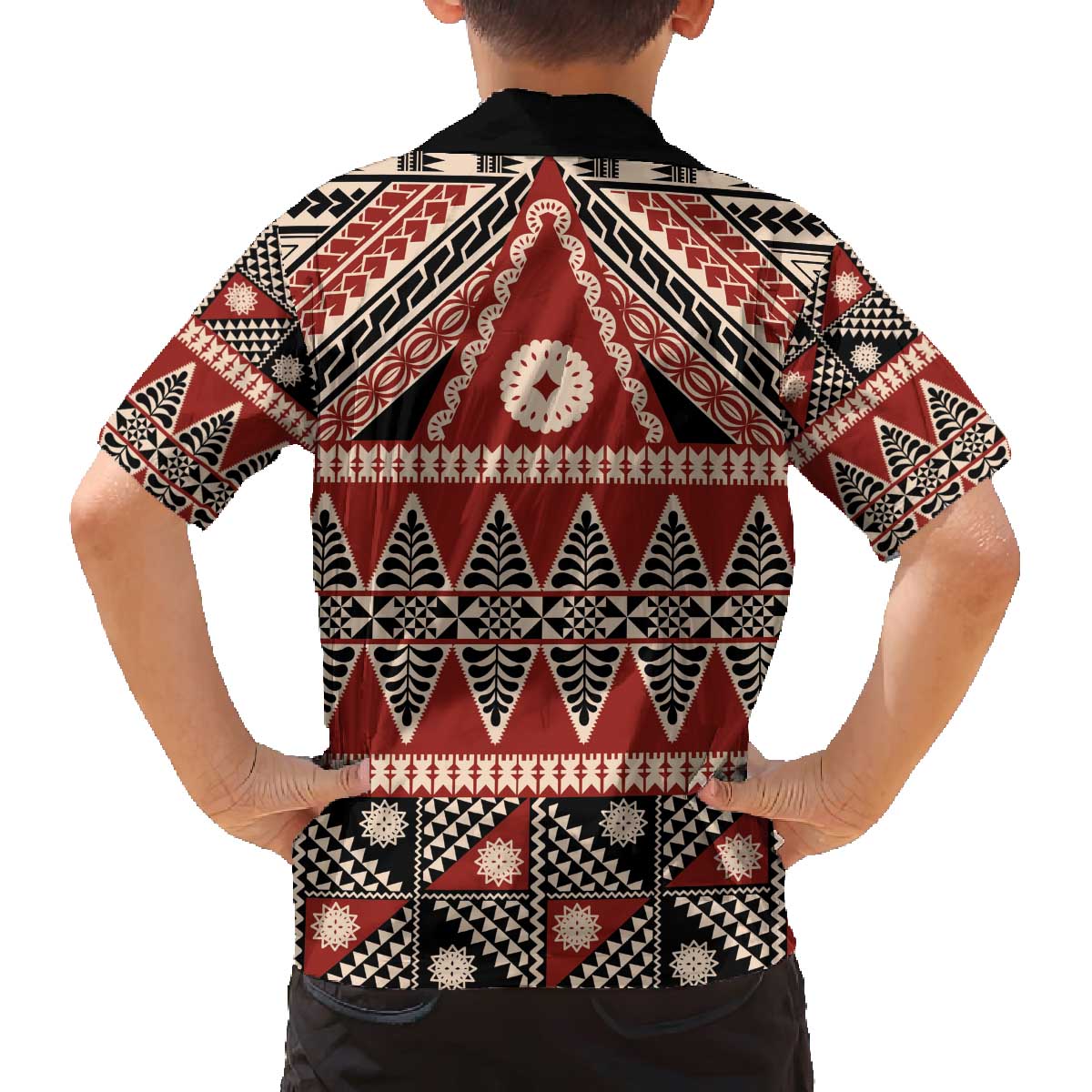 Vintage Bula Fiji Family Matching Off The Shoulder Long Sleeve Dress and Hawaiian Shirt Red Tapa Masi Motif LT9 - Polynesian Pride