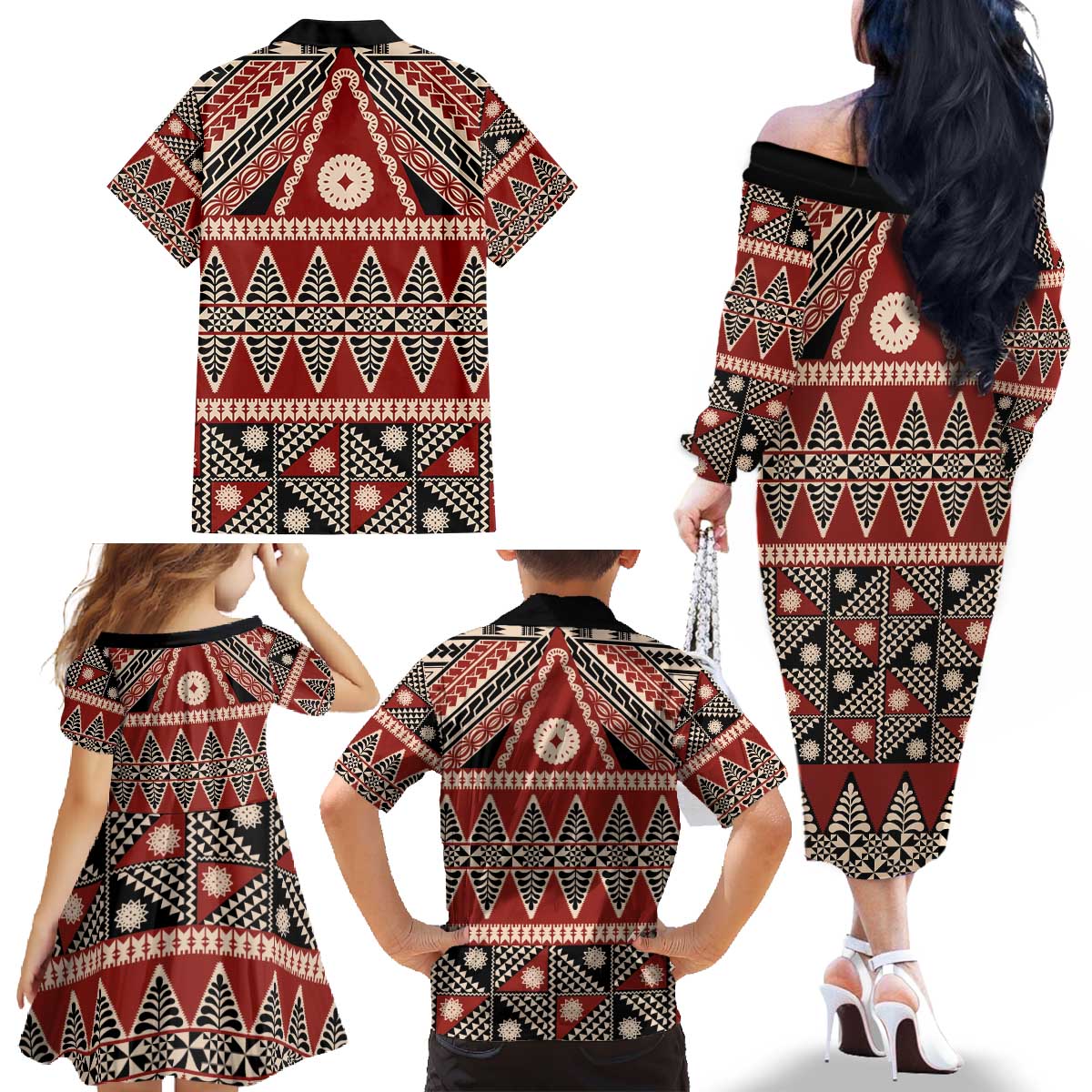 Vintage Bula Fiji Family Matching Off The Shoulder Long Sleeve Dress and Hawaiian Shirt Red Tapa Masi Motif LT9 - Polynesian Pride