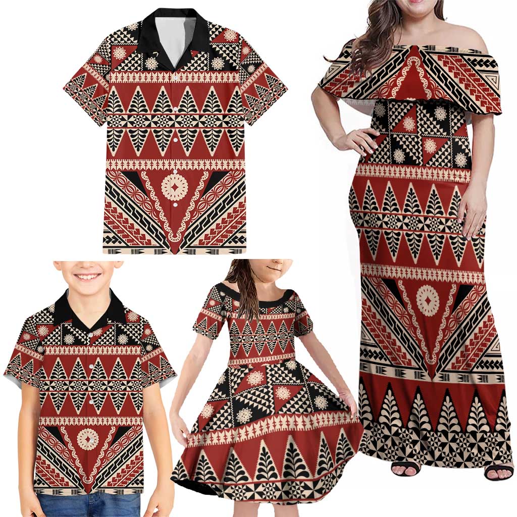 Vintage Bula Fiji Family Matching Off Shoulder Maxi Dress and Hawaiian Shirt Red Tapa Masi Motif