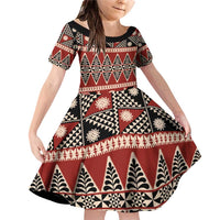 Vintage Bula Fiji Family Matching Off Shoulder Short Dress and Hawaiian Shirt Red Tapa Masi Motif LT9 Daughter's Dress Red - Polynesian Pride