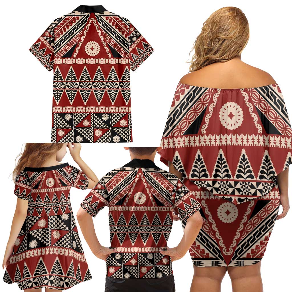 Vintage Bula Fiji Family Matching Off Shoulder Short Dress and Hawaiian Shirt Red Tapa Masi Motif LT9 - Polynesian Pride