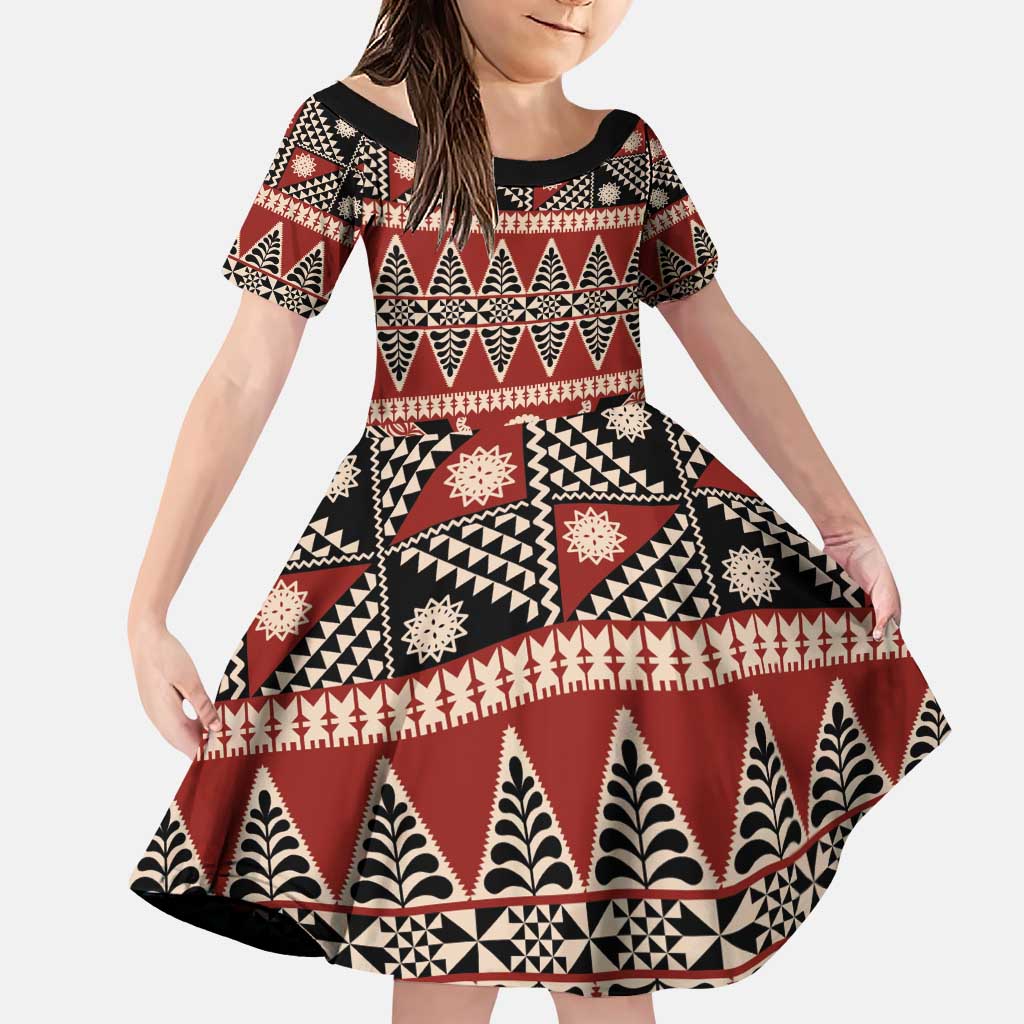 Vintage Bula Fiji Family Matching Puletasi and Hawaiian Shirt Red Tapa Masi Motif LT9 Daughter's Dress Red - Polynesian Pride