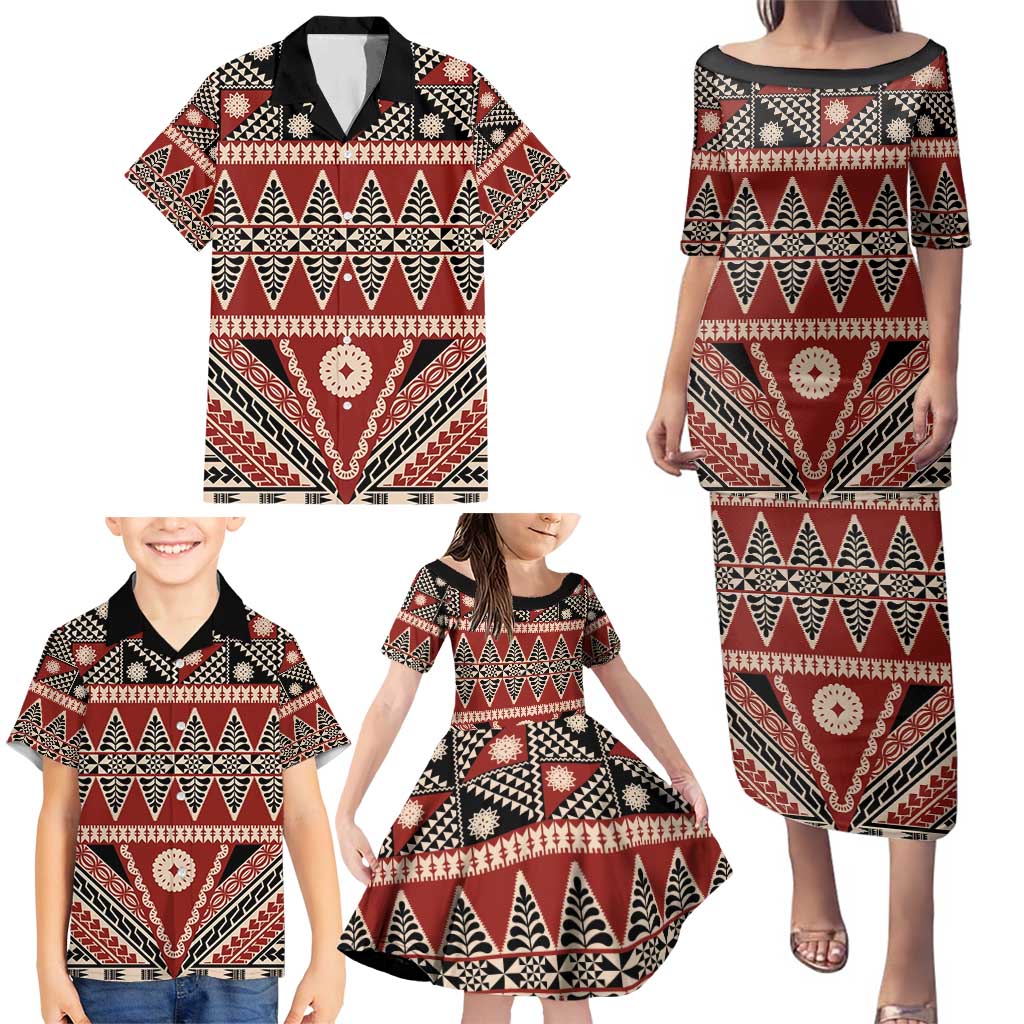 Vintage Bula Fiji Family Matching Puletasi and Hawaiian Shirt Red Tapa Masi Motif LT9 - Polynesian Pride