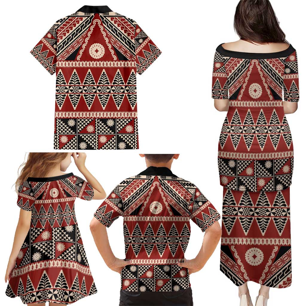 Vintage Bula Fiji Family Matching Puletasi and Hawaiian Shirt Red Tapa Masi Motif LT9 - Polynesian Pride