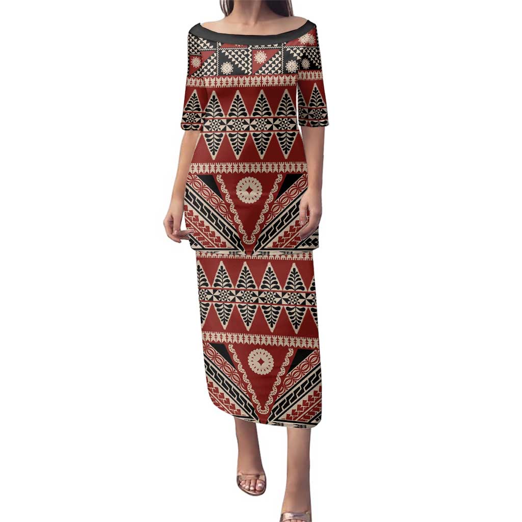 Vintage Bula Fiji Family Matching Puletasi and Hawaiian Shirt Red Tapa Masi Motif LT9 Mom's Dress Red - Polynesian Pride