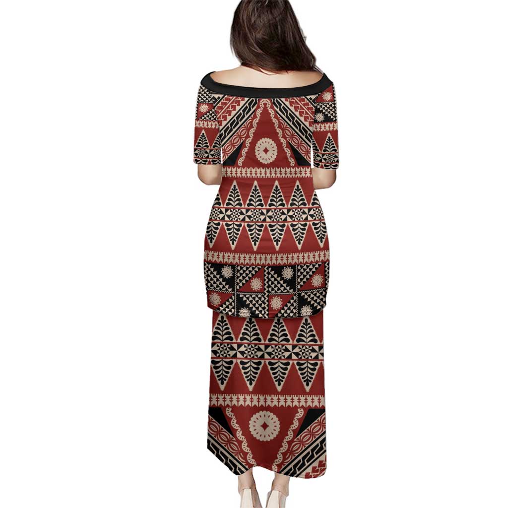 Vintage Bula Fiji Family Matching Puletasi and Hawaiian Shirt Red Tapa Masi Motif LT9 - Polynesian Pride