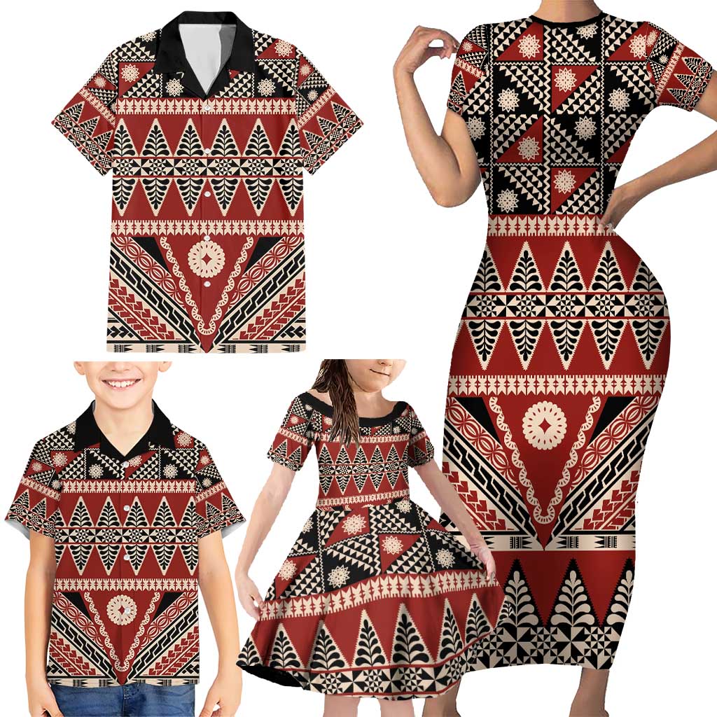 Vintage Bula Fiji Family Matching Short Sleeve Bodycon Dress and Hawaiian Shirt Red Tapa Masi Motif LT9 - Polynesian Pride