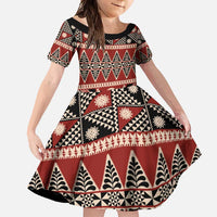 Vintage Bula Fiji Family Matching Summer Maxi Dress and Hawaiian Shirt Red Tapa Masi Motif LT9 Daughter's Dress Red - Polynesian Pride