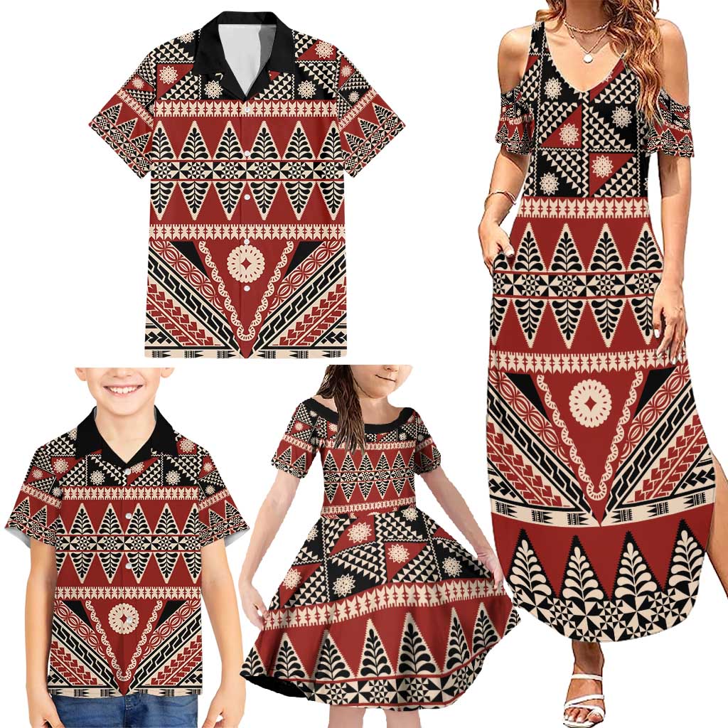 Vintage Bula Fiji Family Matching Summer Maxi Dress and Hawaiian Shirt Red Tapa Masi Motif