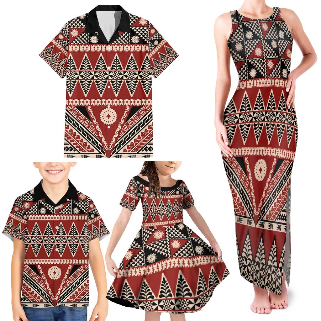Vintage Bula Fiji Family Matching Tank Maxi Dress and Hawaiian Shirt Red Tapa Masi Motif