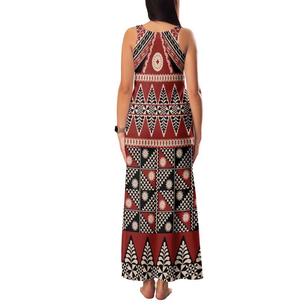Vintage Bula Fiji Family Matching Tank Maxi Dress and Hawaiian Shirt Red Tapa Masi Motif LT9 - Polynesian Pride
