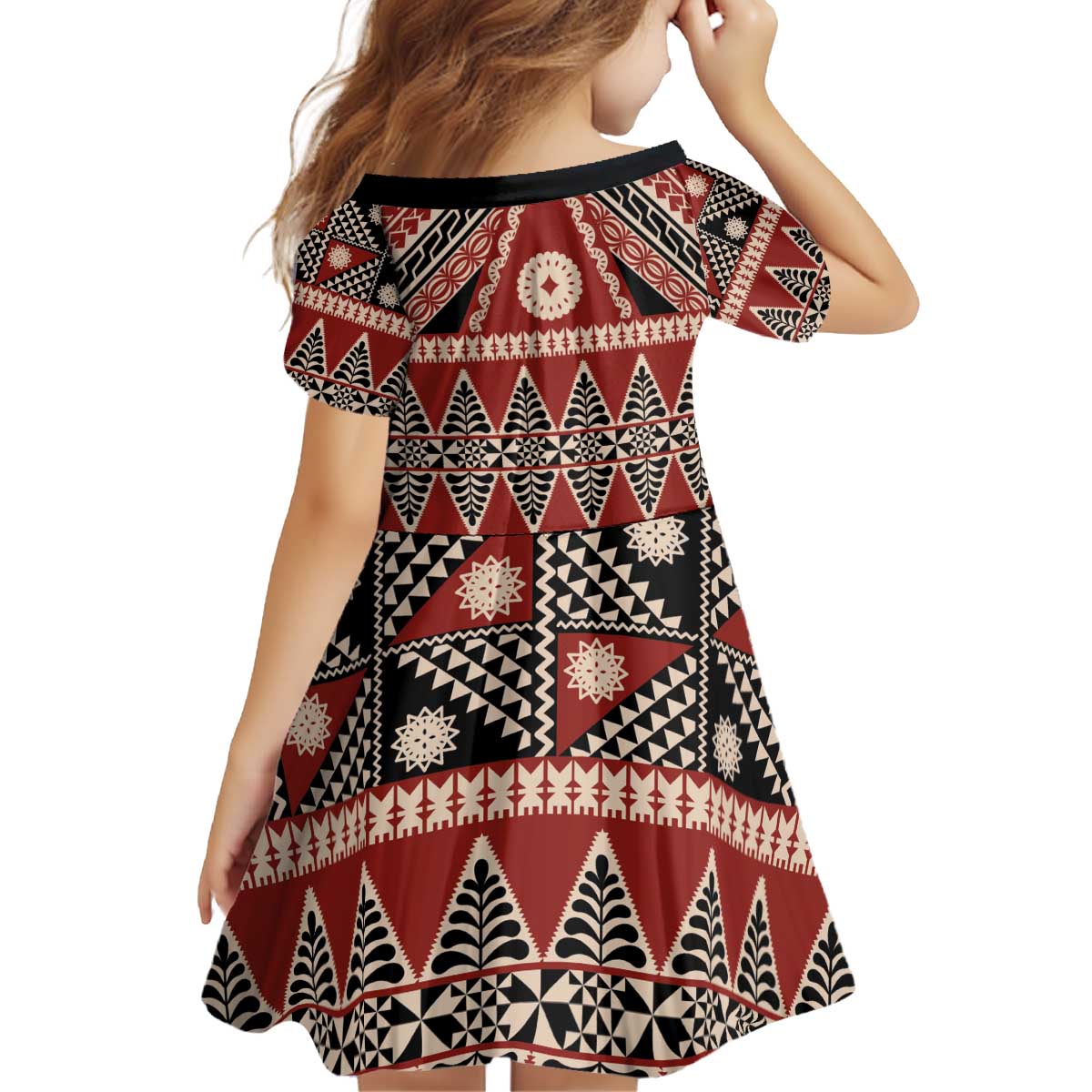 Vintage Bula Fiji Kid Short Sleeve Dress Red Tapa Masi Motif