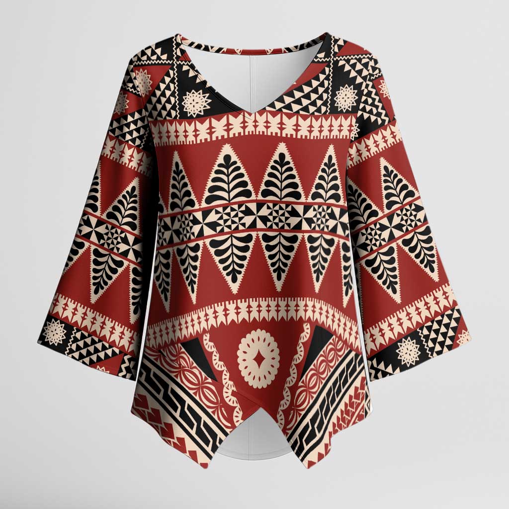 Vintage Bula Fiji Kimono Sleeve Blouse Red Tapa Masi Motif - Polynesian Pride