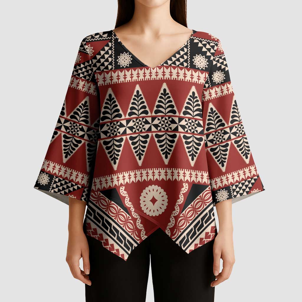 Vintage Bula Fiji Kimono Sleeve Blouse Red Tapa Masi Motif - Polynesian Pride