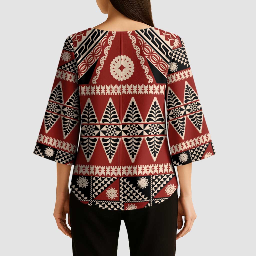 Vintage Bula Fiji Kimono Sleeve Blouse Red Tapa Masi Motif - Polynesian Pride