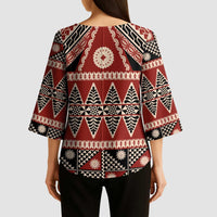 Vintage Bula Fiji Kimono Sleeve Blouse Red Tapa Masi Motif - Polynesian Pride