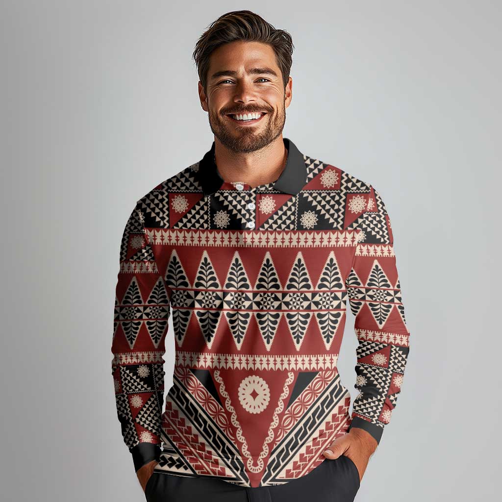 Vintage Bula Fiji Long Sleeve Polo Shirt Red Tapa Masi Motif