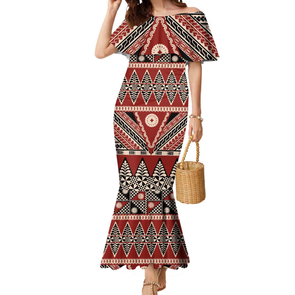 Vintage Bula Fiji Mermaid Dress Red Tapa Masi Motif