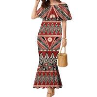 Vintage Bula Fiji Mermaid Dress Red Tapa Masi Motif