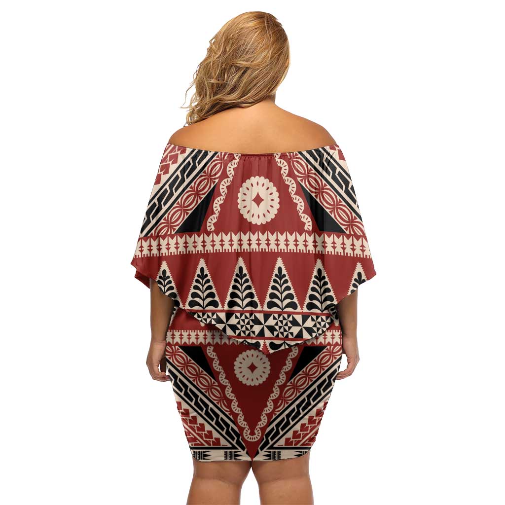 Vintage Bula Fiji Off Shoulder Short Dress Red Tapa Masi Motif