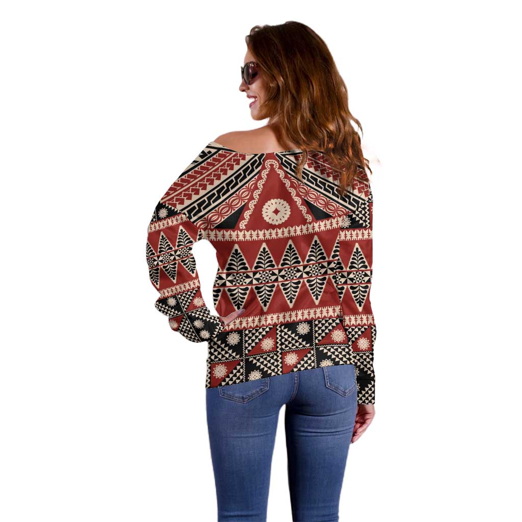 Vintage Bula Fiji Off Shoulder Sweater Red Tapa Masi Motif