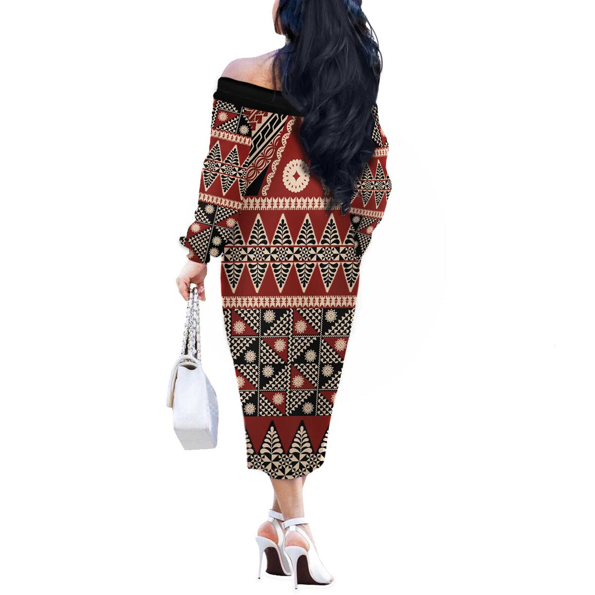 Vintage Bula Fiji Off The Shoulder Long Sleeve Dress Red Tapa Masi Motif LT9 - Polynesian Pride
