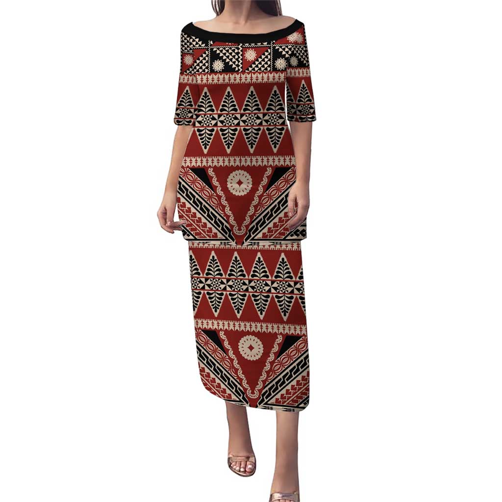 Vintage Bula Fiji Puletasi Red Tapa Masi Motif