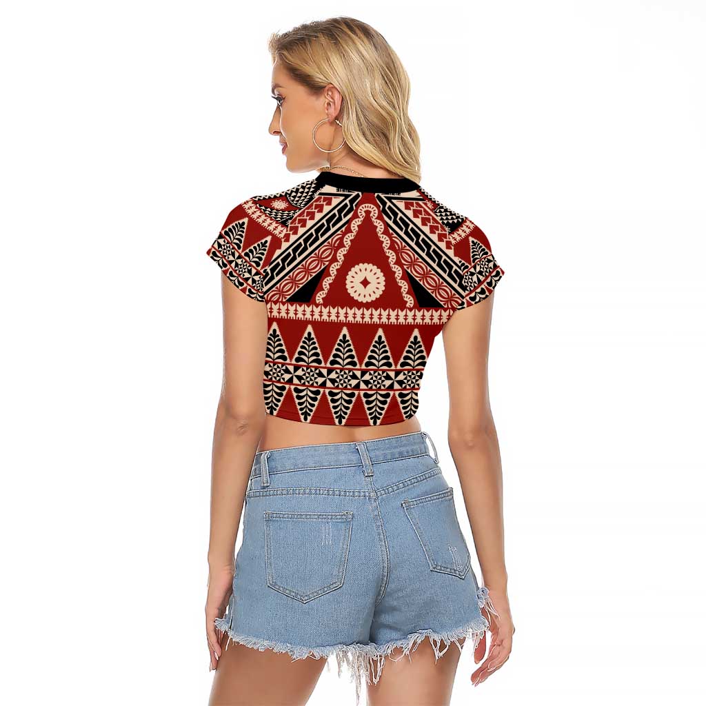 Vintage Bula Fiji Raglan Cropped T Shirt Red Tapa Masi Motif LT9 - Polynesian Pride
