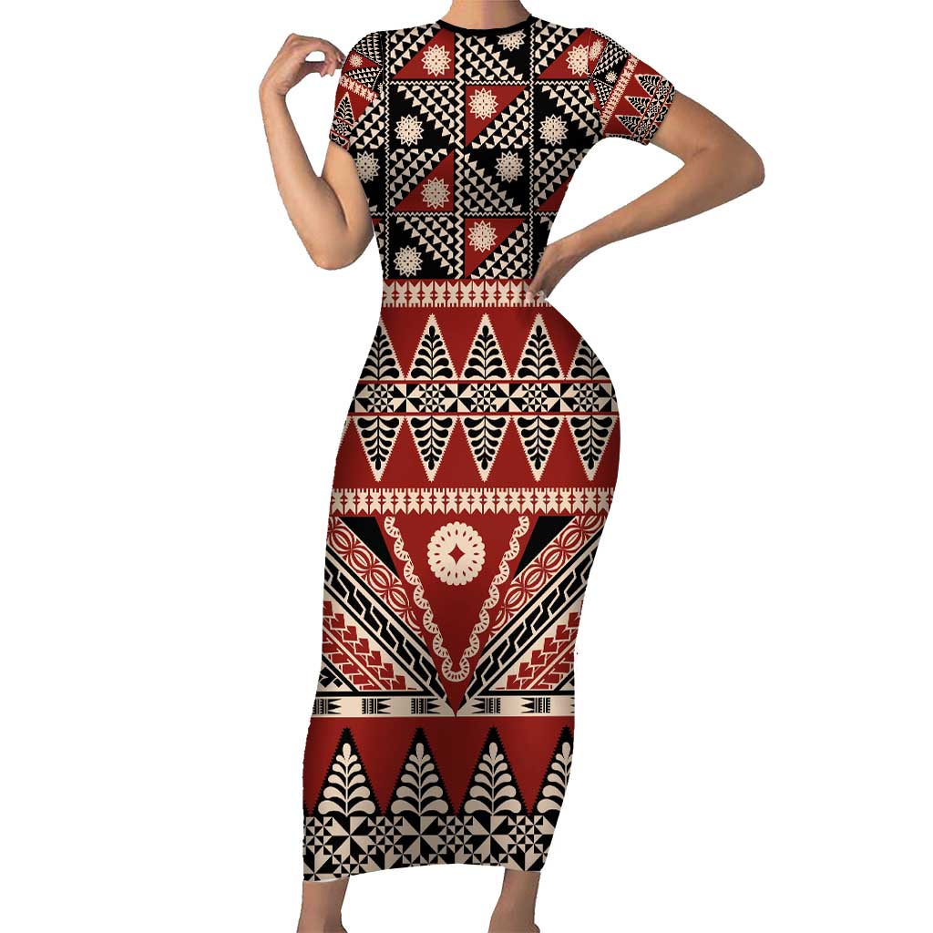 Vintage Bula Fiji Short Sleeve Bodycon Dress Red Tapa Masi Motif LT9 Long Dress Red - Polynesian Pride