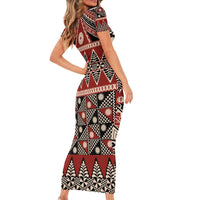 Vintage Bula Fiji Short Sleeve Bodycon Dress Red Tapa Masi Motif LT9 - Polynesian Pride