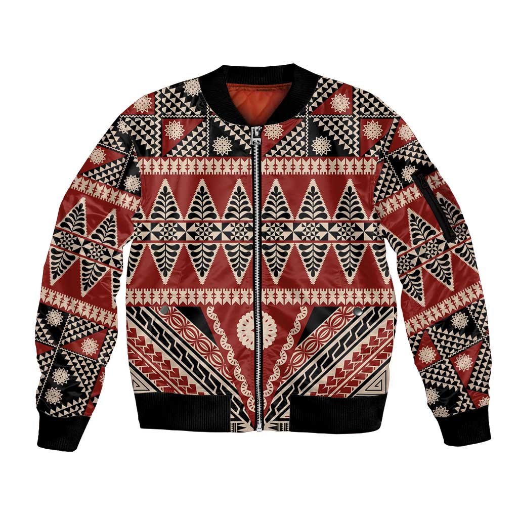 Vintage Bula Fiji Sleeve Zip Bomber Jacket Red Tapa Masi Motif