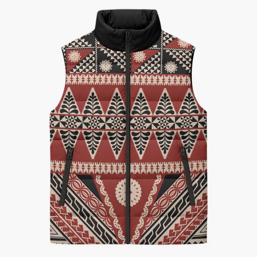 Vintage Bula Fiji Sleeveless Puffer Jacket Red Tapa Masi Motif - Polynesian Pride