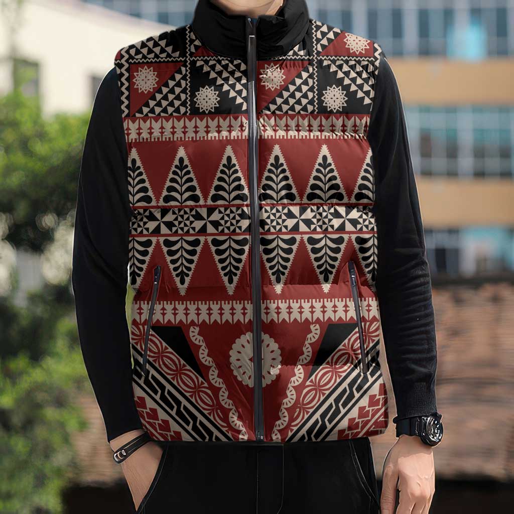 Vintage Bula Fiji Sleeveless Puffer Jacket Red Tapa Masi Motif - Polynesian Pride