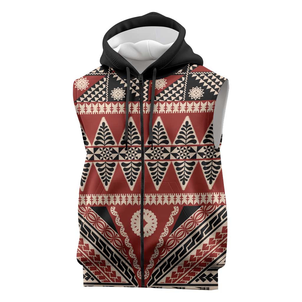 Vintage Bula Fiji Sleeveless Zip Hoodie Red Tapa Masi Motif - Polynesian Pride