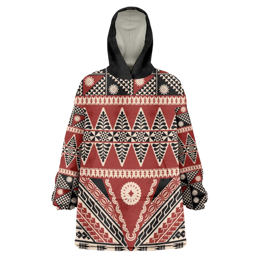 Vintage Bula Fiji Wearable Blanket Hoodie Red Tapa Masi Motif