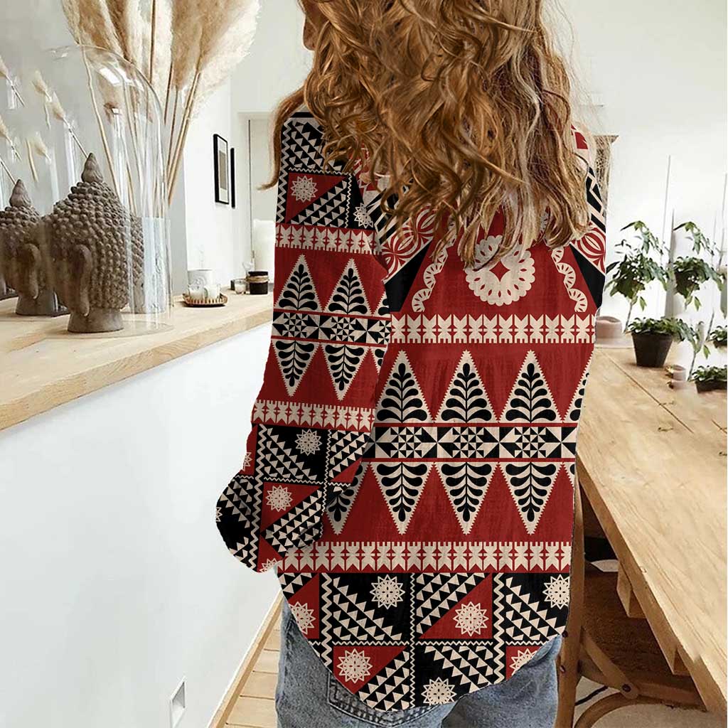 Vintage Bula Fiji Women Casual Shirt Red Tapa Masi Motif LT9 - Polynesian Pride