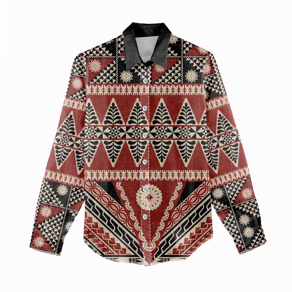 Vintage Bula Fiji Women Casual Shirt Red Tapa Masi Motif LT9 - Polynesian Pride
